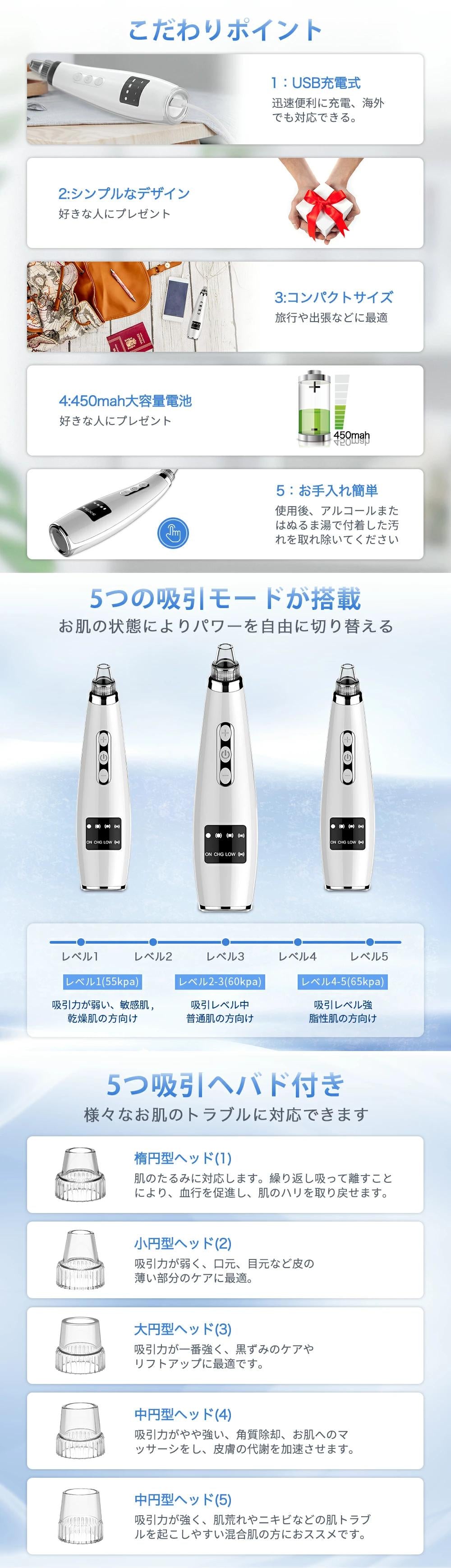 YAPAFA 最新版 毛穴吸引器 美顔器 5種類の吸引ノズル 5段階吸引力